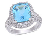 6.25 Carat (ctw) Cushion Cut Blue Topaz Ring with Lab Created White Topaz in Sterling Silver